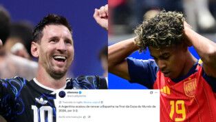 Lionel Messi e Lamine Yamal; ao centro, o tweet premonitório