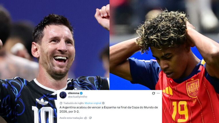 Lionel Messi e Lamine Yamal; ao centro, o tweet premonitório