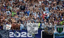 Soccer Football - FIFA World Cup 2026 - Semi Final - England v Argentina - Atlanta Stadium, Atlanta, Georgia, U.S. - July 15, 2026 Argentina fans display a banner with a message referencing the Falkland Islands as they celebrate after the match REUTERS/Paul Childs