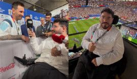 Manu Gutiérrez entrevista Lionel Messi; à direita, jornalista no Mercedes-Benz Stadium, em Atlanta (EUA)