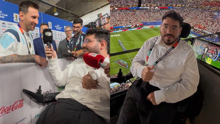Manu Gutiérrez entrevista Lionel Messi; à direita, jornalista no Mercedes-Benz Stadium, em Atlanta (EUA)