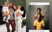 Neymar, Bruna Biancardi e as filhas Mavie e Mel; à direita, post compartilhado por Bruna