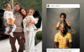 Neymar, Bruna Biancardi e as filhas Mavie e Mel; à direita, post compartilhado por Bruna