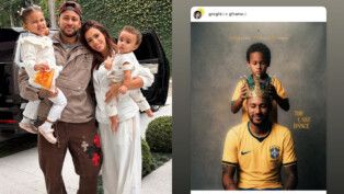 Neymar, Bruna Biancardi e as filhas Mavie e Mel; à direita, post compartilhado por Bruna