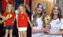 Princesas Leonor e Sofía, da Espanha, com a taça da Copa do Mundo em 2010 e 2026