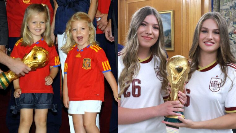 Princesas Leonor e Sofía, da Espanha, com a taça da Copa do Mundo em 2010 e 2026