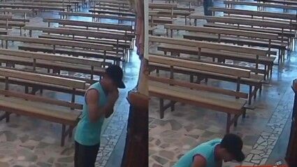 Homem ajoelhado em igreja, levanta e comete furto