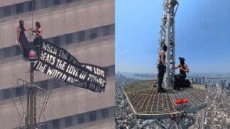 Mascarados escalam Empire State Building para fazer pedido de casamento