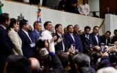 Derrite, Flávio Bolsonaro e Tarcísio de FReitas na convenção da União-PP em São Paulo