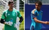 Montagem com Courtois à esquerda e Yamal à direita, ambos no treino de suas seleções.