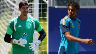 Montagem com Courtois à esquerda e Yamal à direita, ambos no treino de suas seleções.