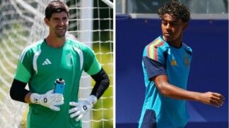 Montagem com Courtois à esquerda e Yamal à direita, ambos no treino de suas seleções.