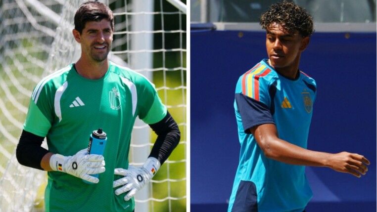 Montagem com Courtois à esquerda e Yamal à direita, ambos no treino de suas seleções.