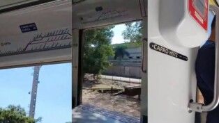Trem da Linha 10-Turquesa da CPTM circula com porta aberta entre estações