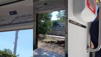 Trem da Linha 10-Turquesa da CPTM circula com porta aberta entre estações