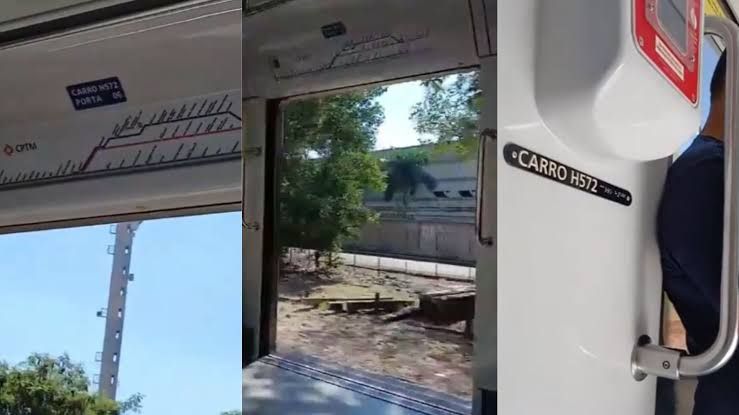 Trem da Linha 10-Turquesa da CPTM circula com porta aberta entre estações