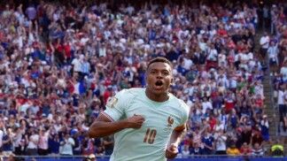 Futebol — Copa do Mundo da FIFA 2026 — quartas de final — França x Marrocos — Estádio de Boston, Foxborough, Massachusetts, EUA — 09/07/2026. Kylian Mbappé, da França, comemora após marcar o primeiro gol da equipe.