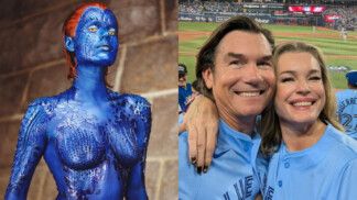Rebecca Romijn como Mística em "X-Men" e com o marido Jerry O'Connell