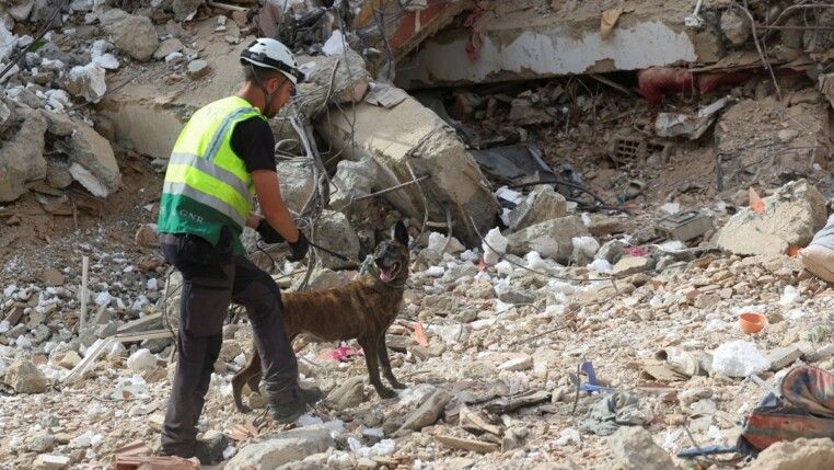 Um socorrista com um cão de busca e resgate trabalha no local de um edifício que desabou após os terremotos de 24/06, em La Guaira, Venezuela, em 04/07/2026.