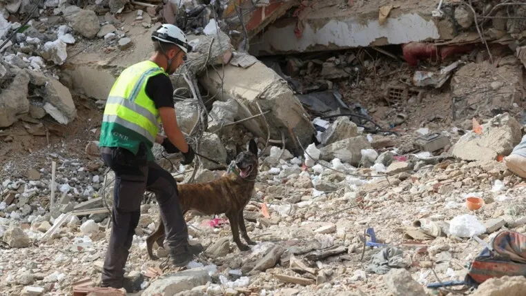 Um socorrista com um cão de busca e resgate trabalha no local de um edifício que desabou após os terremotos de 24/06, em La Guaira, Venezuela, em 04/07/2026.