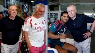 Carlo Ancelotti e José Mourinho no Real Madrid; à direita, técnico da Seleção Brasileira e Rodrygo
