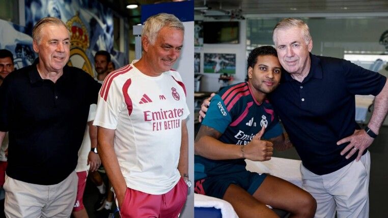 Carlo Ancelotti e José Mourinho no Real Madrid; à direita, técnico da Seleção Brasileira e Rodrygo