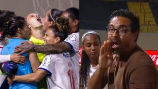 Time feminino do Bahia comemora classificação no Campeonato Brasileiro; à direita, treinador Felipe Freitas discursa antes da disputa de pênaltis