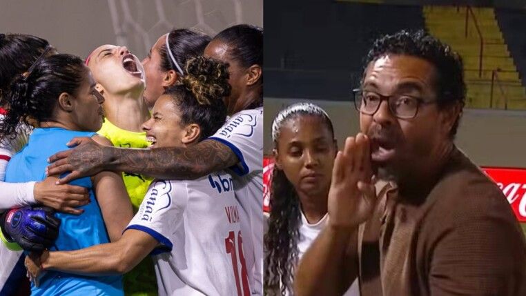 Time feminino do Bahia comemora classificação no Campeonato Brasileiro; à direita, treinador Felipe Freitas discursa antes da disputa de pênaltis